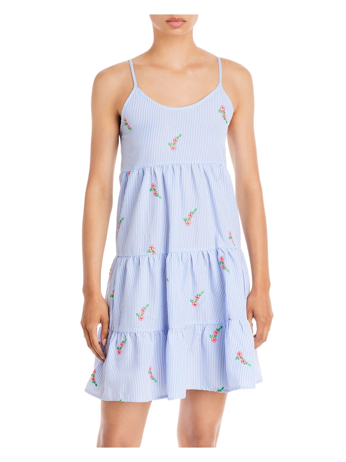 AVA & ESME Womens Light Blue Embroidered Tiered Skirt Seersucker Spaghetti Strap Sweetheart Neckline Short Fit + Flare Dress L