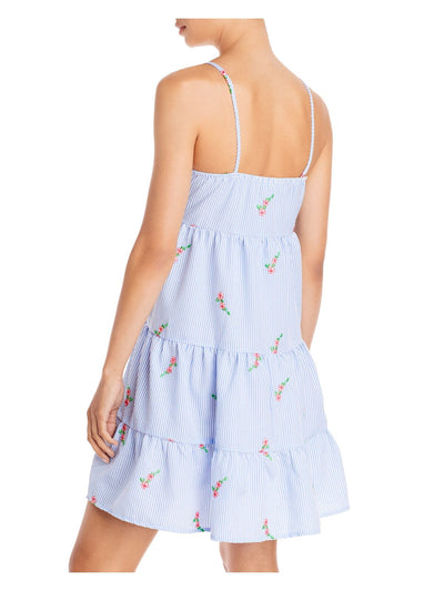 AVA & ESME Womens Light Blue Embroidered Tiered Skirt Seersucker Spaghetti Strap Sweetheart Neckline Short Fit + Flare Dress L