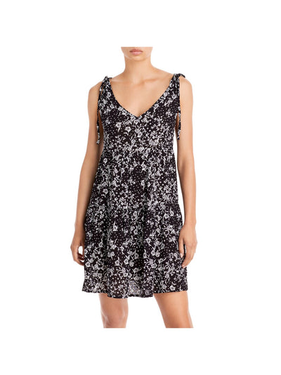 AVA & ESME Womens Black Tie Sheer Lined Floral Sleeveless V Neck Short Baby Doll Dress M