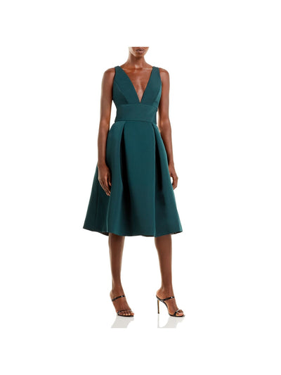 AMSALE Womens Green Zippered Textured Button Detail Pleated Pocketed Sleeveless V Neck Below The Knee Evening Fit + Flare Dress 0