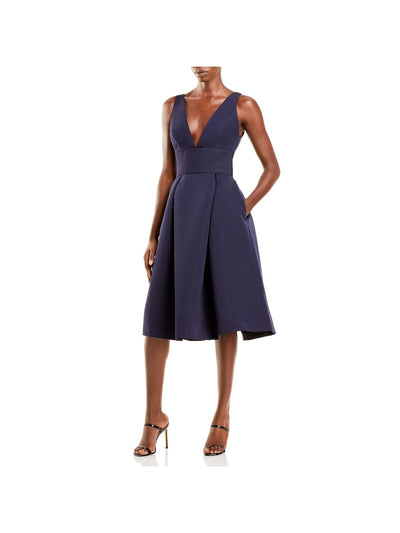 AMSALE Womens Zippered Textured Button Detail Pleated Pocketed Sleeveless V Neck Below The Knee Evening Fit + Flare Dress