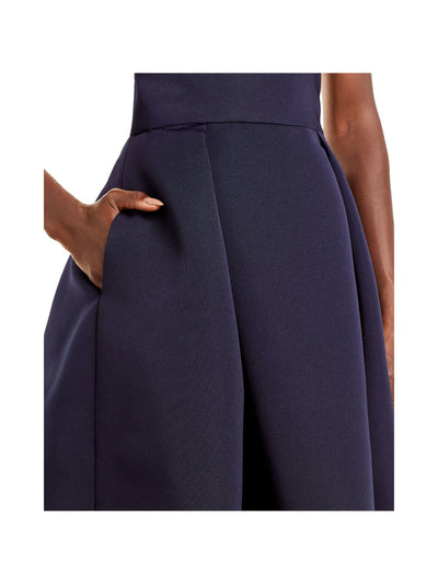 AMSALE Womens Zippered Textured Button Detail Pleated Pocketed Sleeveless V Neck Below The Knee Evening Fit + Flare Dress