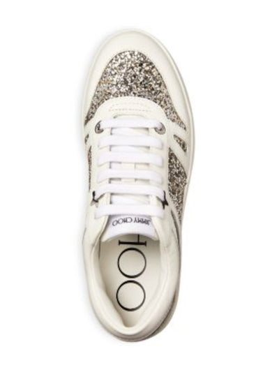 JIMMY CHOO Womens White Mixed Media Star Accent Padded Glitter Hawaii/f Round Toe Wedge Lace-Up Sneakers Shoes 36.5