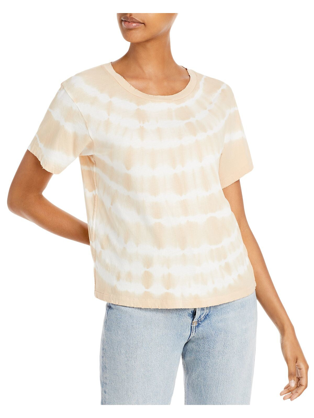 AMO Womens Beige Distressed Tie Dye Short Sleeve Crew Neck T-Shirt XS