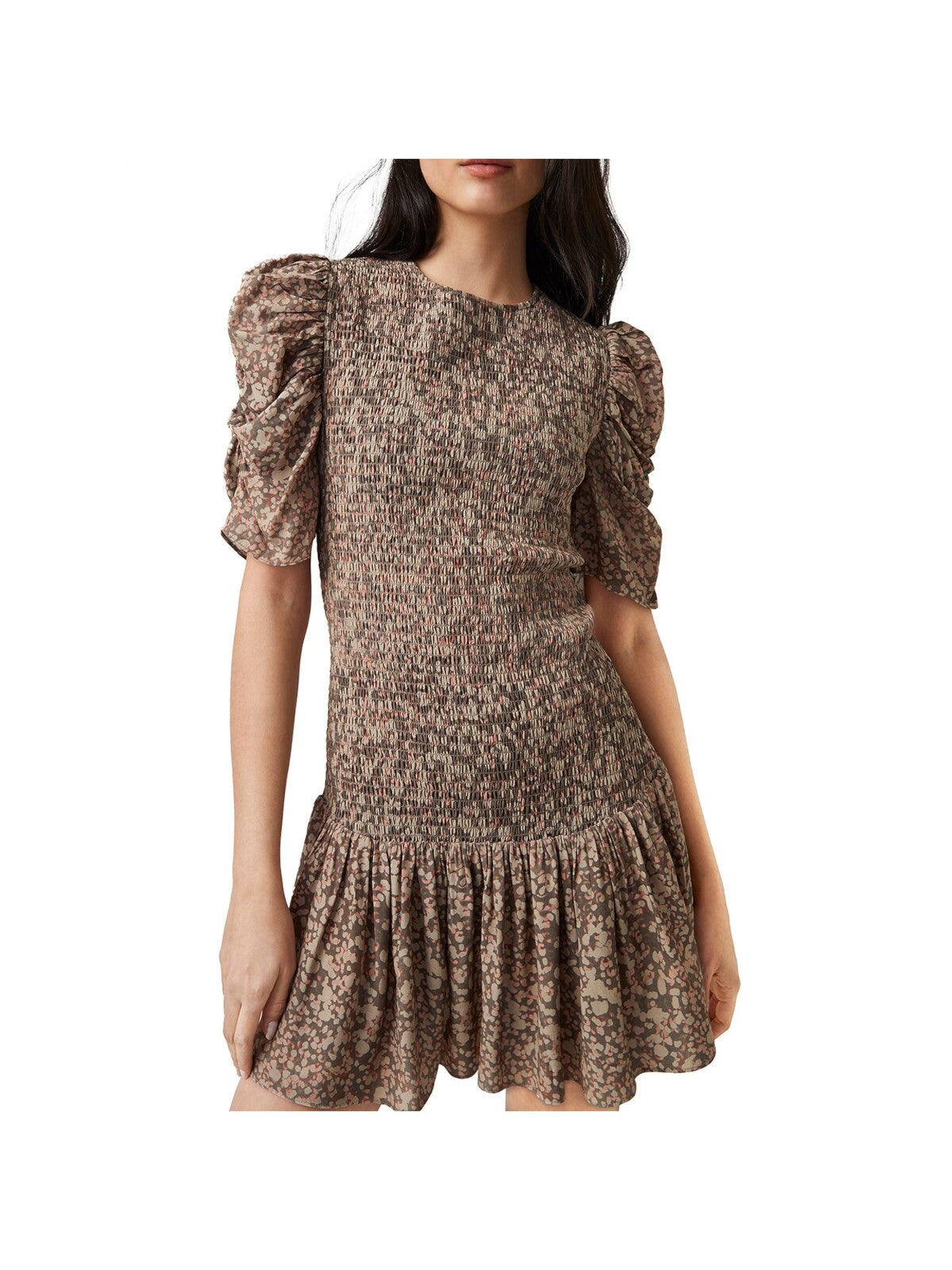 FRENCH CONNECTION Womens Green Ruched Smocked Zippered Printed Pouf Sleeve Round Neck Short Party Shift Dress S