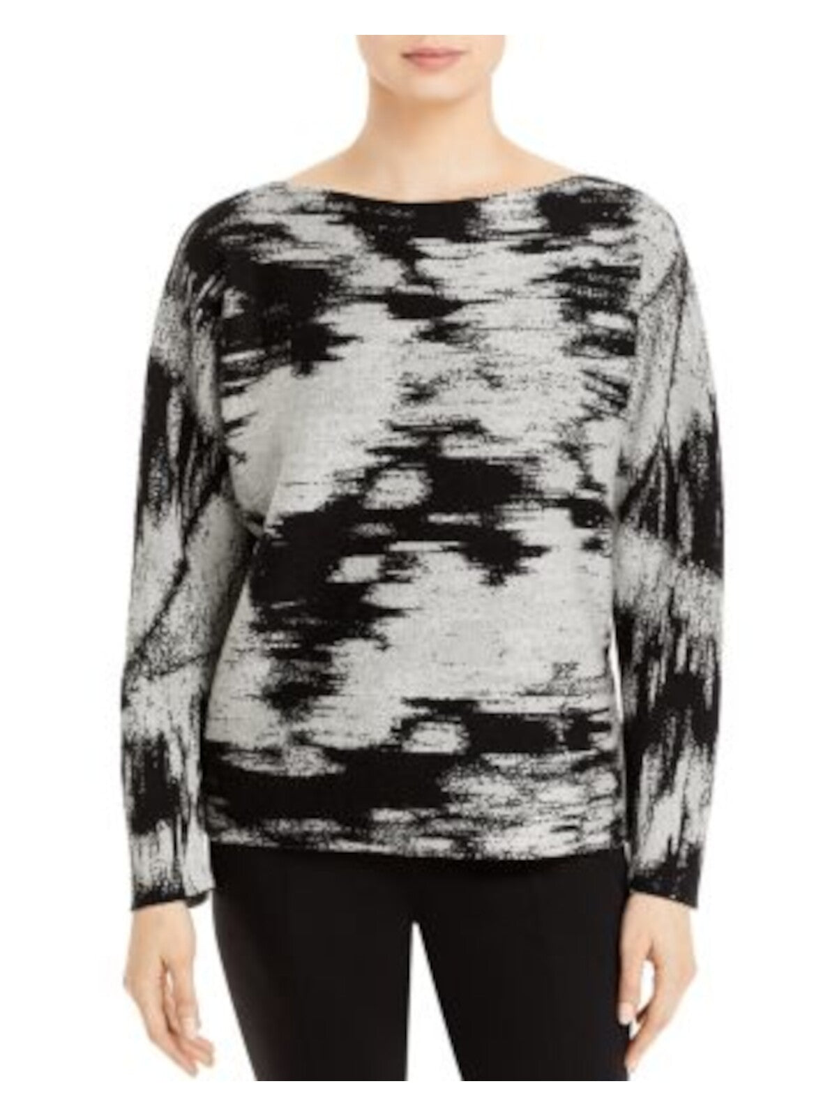 LAFAYETTE 148 Womens Gray Stretch Metallic Knit Printed Long Sleeve Boat Neck Sweater S