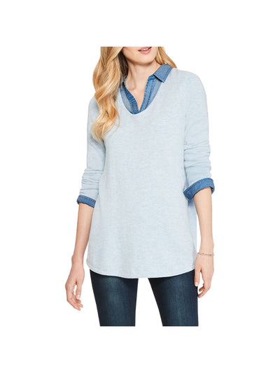 NIC+ZOE Womens Blue Ribbed Heather Long Sleeve V Neck Sweater S