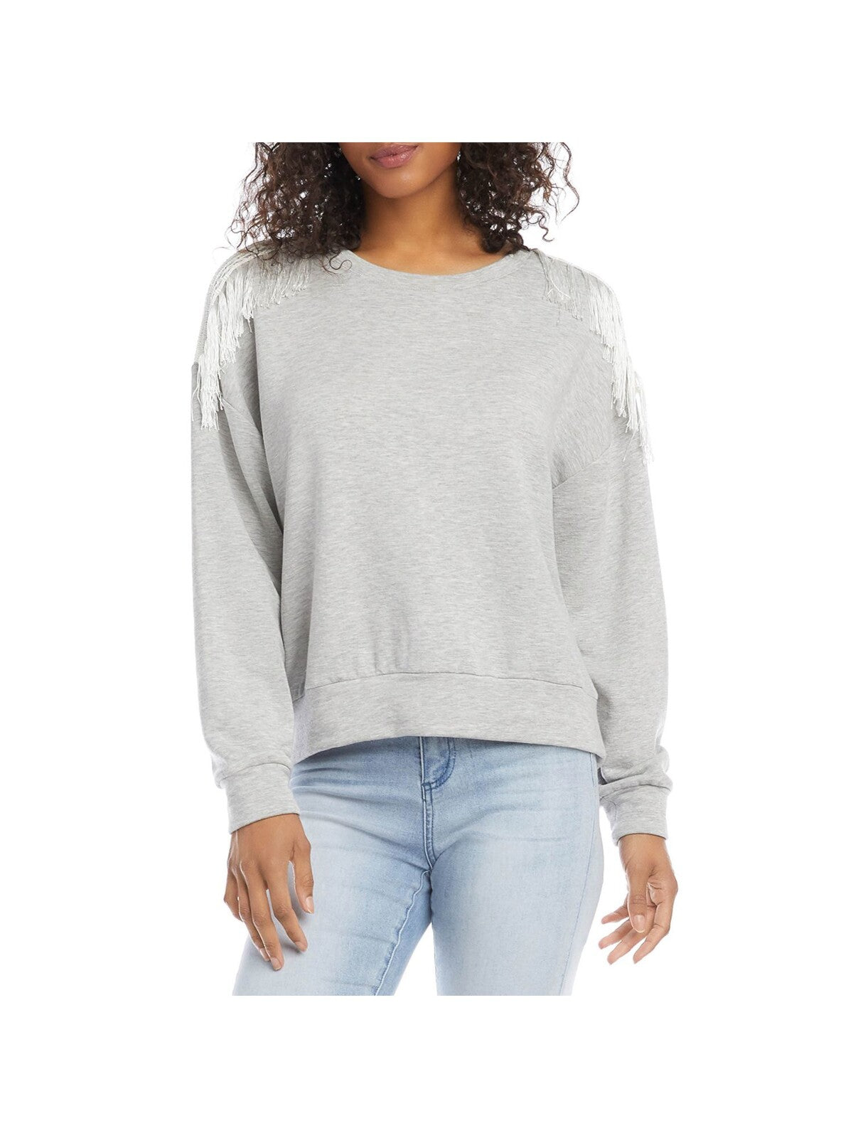 KAREN KANE Womens Fringed Shoulders Long Sleeve Stretch Sweatshirt