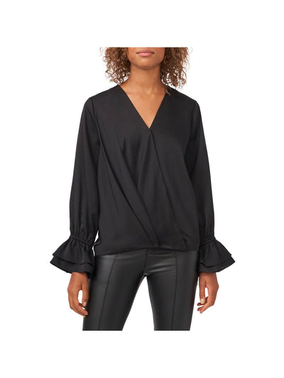 VINCE CAMUTO Womens Black Sheer Ruffled-cuff Long Sleeve Surplice Neckline Wear To Work Faux Wrap Top M