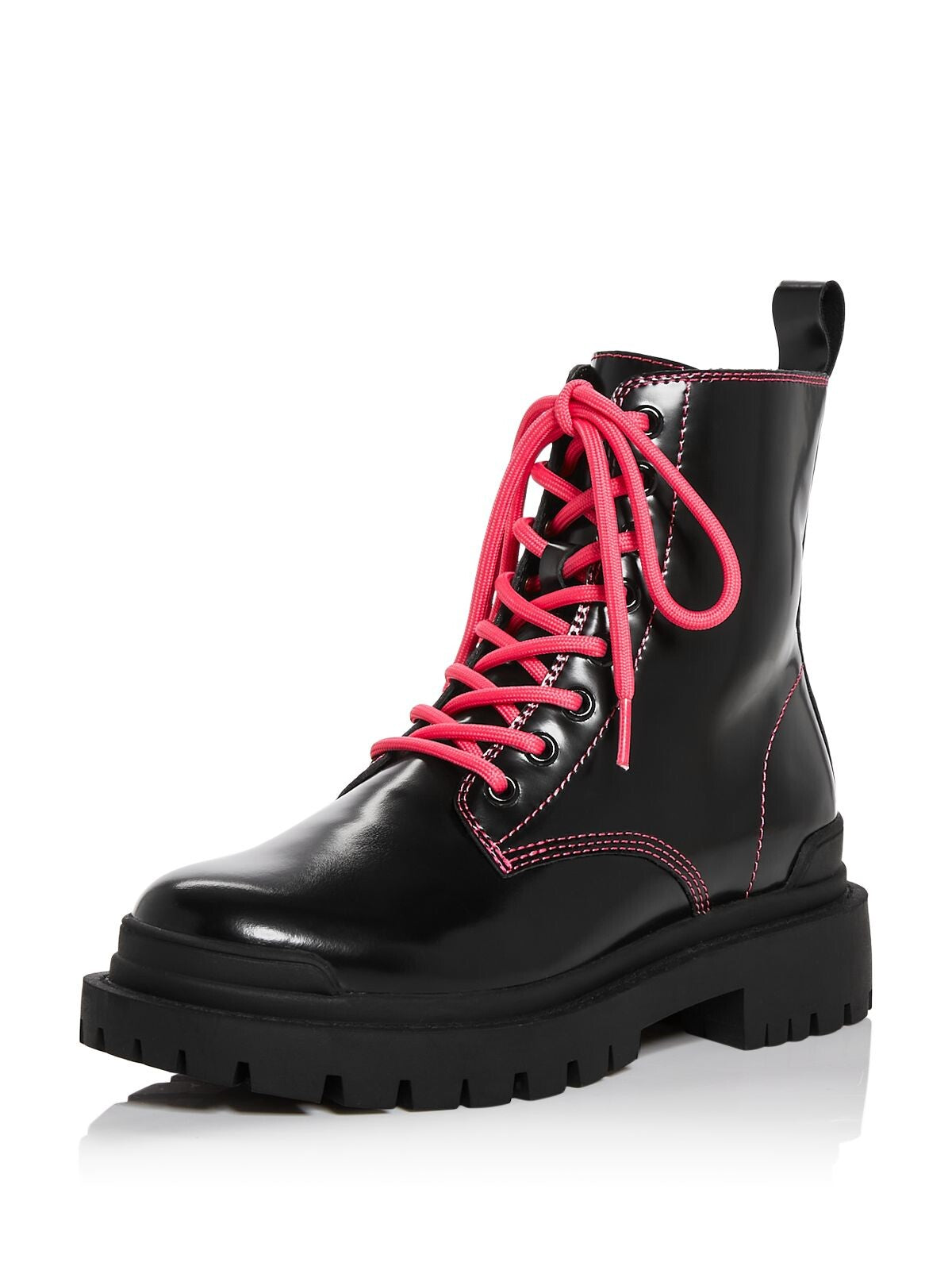 AQUA Womens Black Pull Tab Lug Sole Lace Quinn Round Toe Block Heel Lace-Up Leather Combat Boots 6.5 M