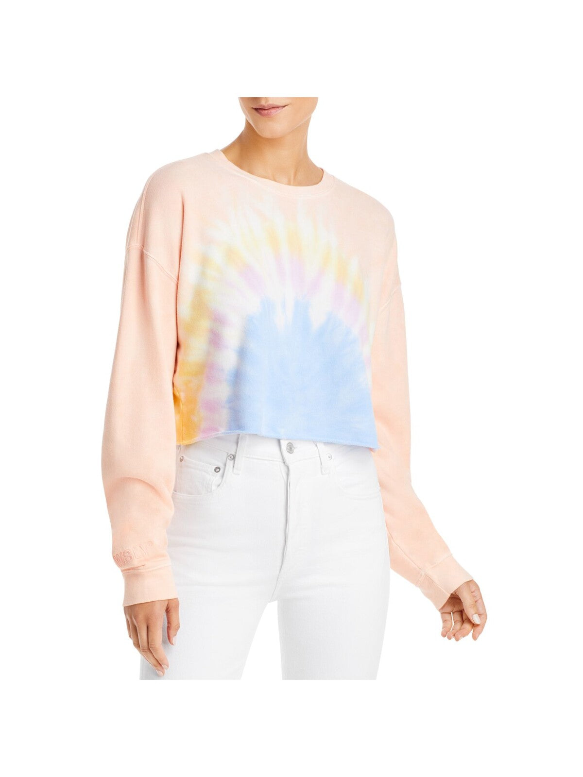 WSLY Womens Pink Ribbed Cropped Tie Dye Long Sleeve Sweatshirt XS