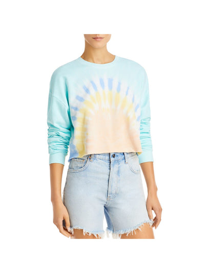 WSLY Womens Light Blue Ribbed Embroidered Cropped Tie Dye Long Sleeve Crew Neck Sweatshirt M