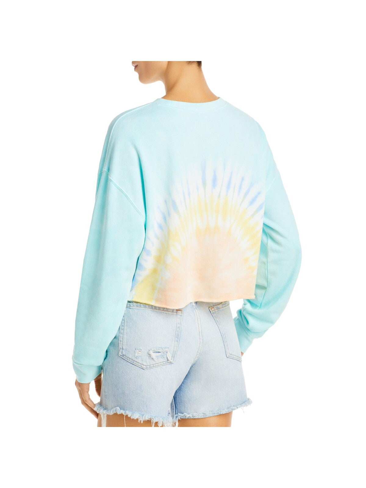 WSLY Womens Light Blue Ribbed Embroidered Cropped Tie Dye Long Sleeve Crew Neck Sweatshirt M