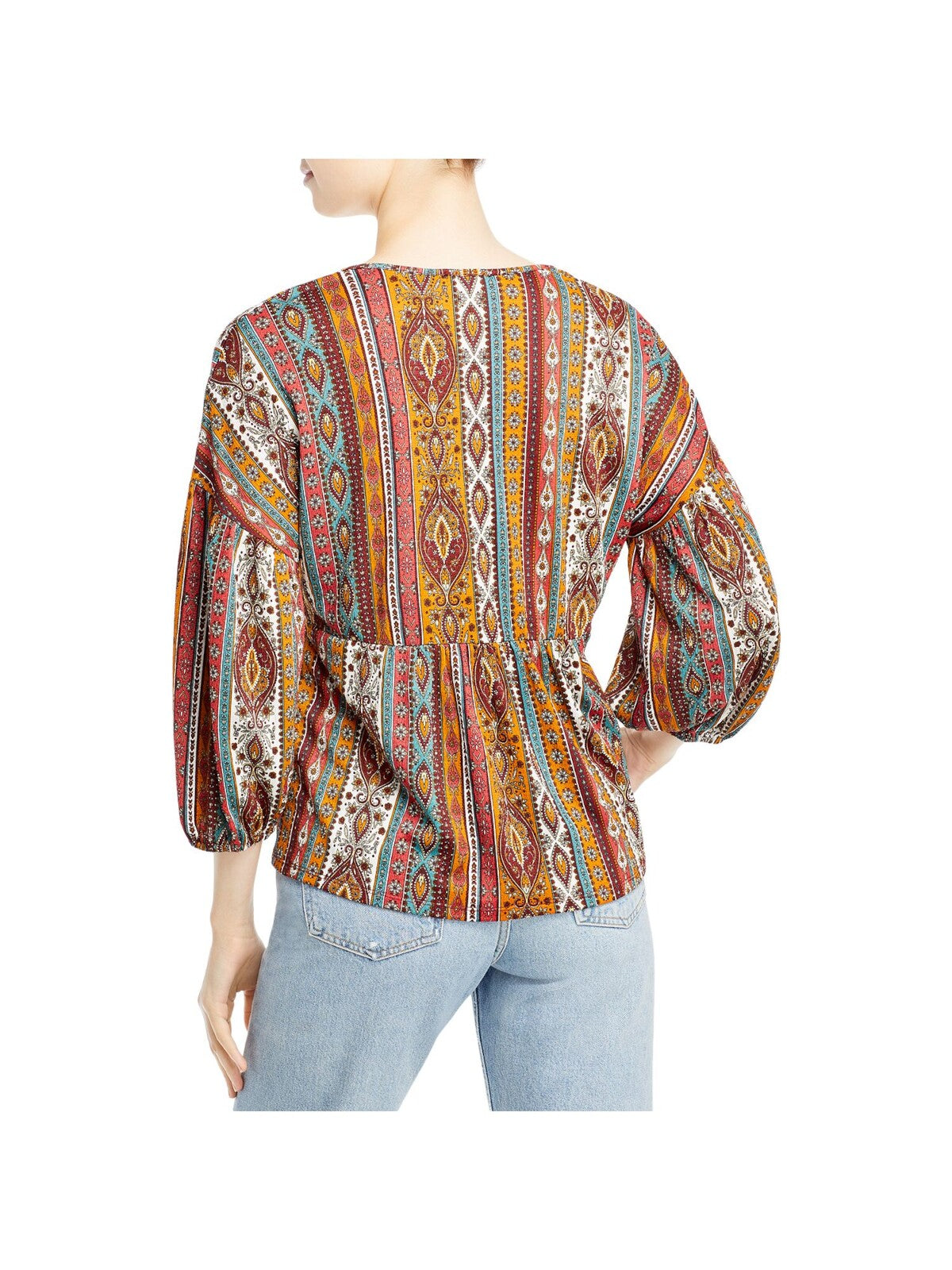 CHENAULT Womens Orange Stretch Lace Boho Printed 3/4 Sleeve V Neck Peasant Top S