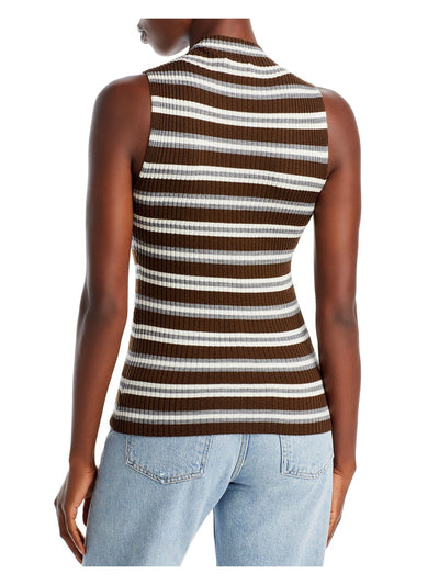 THEORY Womens Brown Ribbed Striped Sleeveless Mock Neck Sweater S