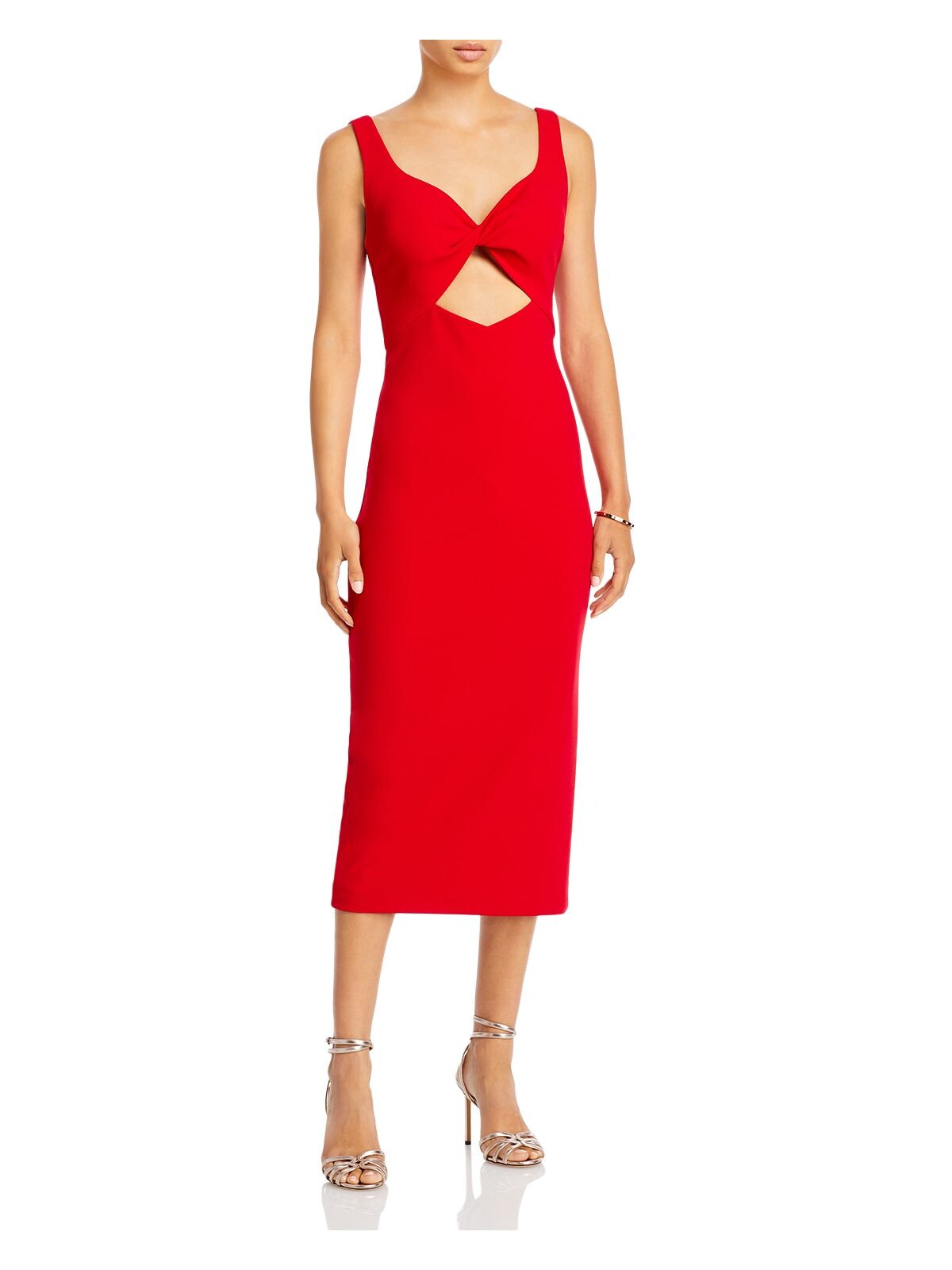 AQUA FORMAL Womens Red Stretch Twist Front Cut Out Zippered Back Slit Lined Sleeveless Sweetheart Neckline Midi Cocktail Sheath Dress 6