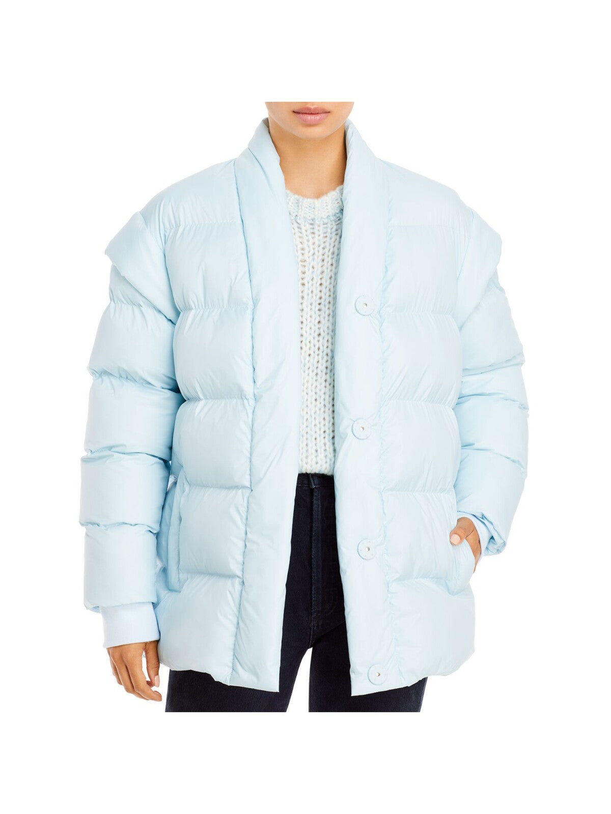 AQUA Womens Light Blue Pocketed Belted Button Front Long Sleeve Collarless Puffer Winter Jacket Coat XS