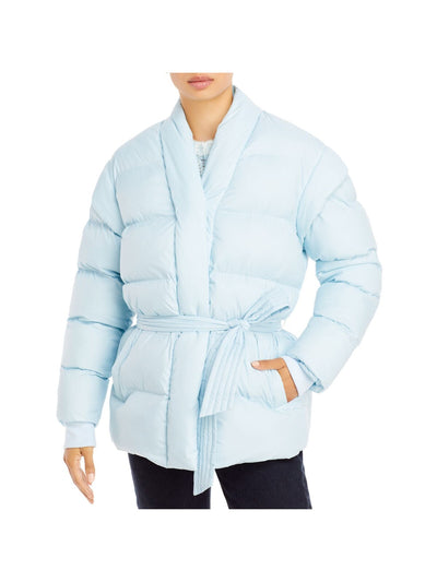 AQUA Womens Pocketed Belted Button Front Long Sleeve Collarless Puffer Winter Jacket Coat