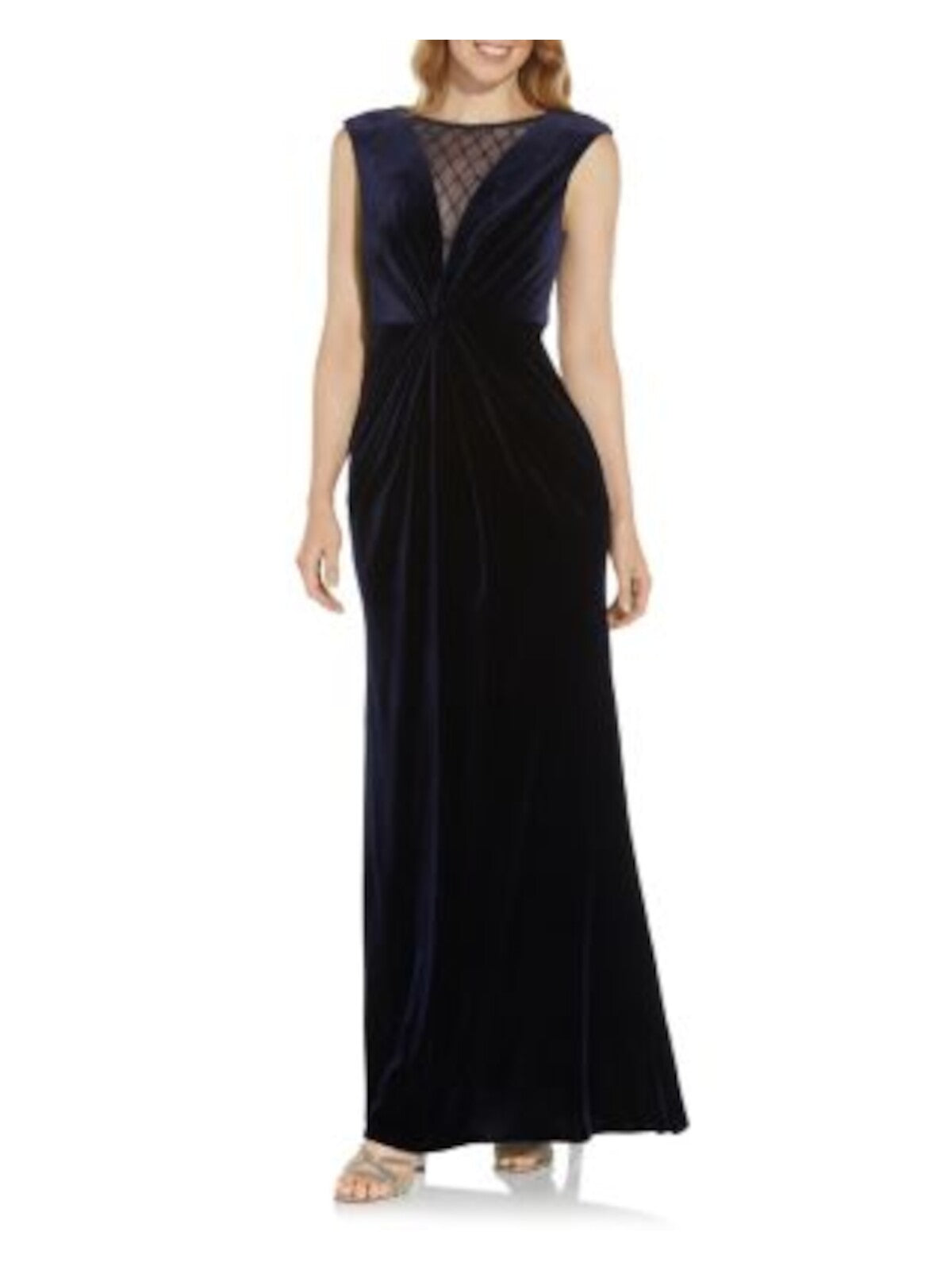 ADRIANNA PAPELL Womens Navy Stretch Beaded Zippered Velvet Illusion /beaded Mesh Sleeveless Jewel Neck Full-Length Formal Mermaid Dress 12