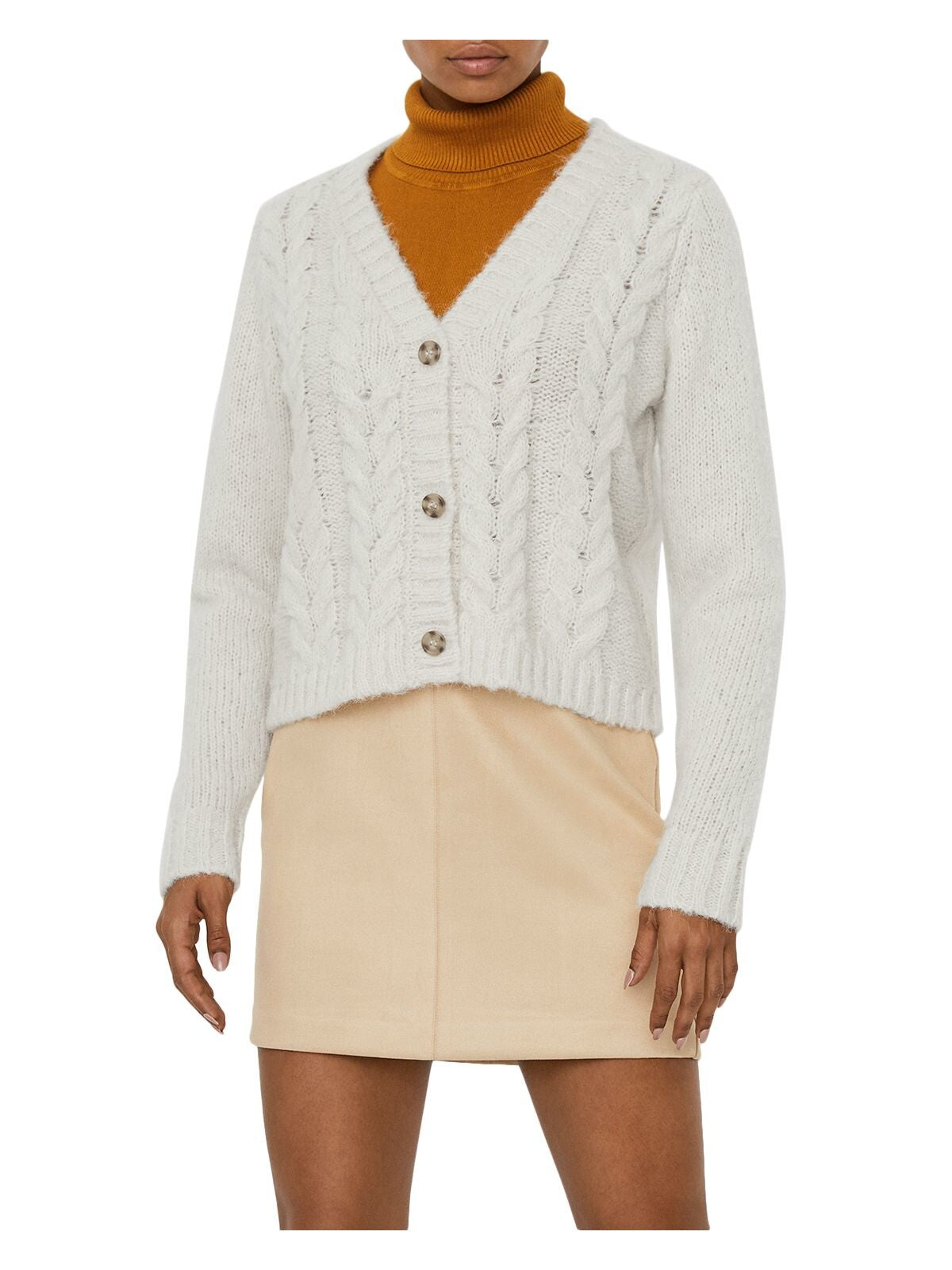 VERO MODA Womens Long Sleeve V Neck Button Up Cable-knit Sweater