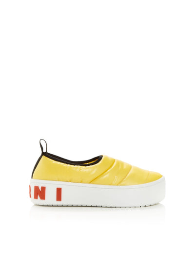 MARNI Womens Yellow Nylon Puffer Heel Pull Tab Logo Cushioned Paw Round Toe Platform Slip On Sneakers Shoes 38