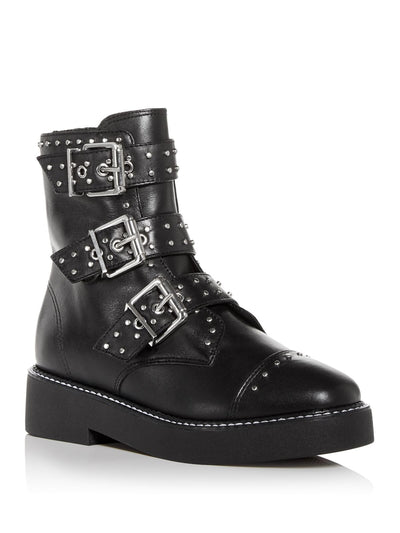 SCHUTZ Womens Black Platform Buckles Studded Padded Caligas Cap Toe Block Heel Zip-Up Leather Combat Boots 7 B