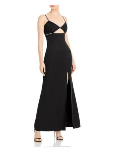 AQUA Womens Black Rhinestone Zippered Front Cut Out High Slit Lined Spaghetti Strap V Neck Full-Length Formal Gown Dress 0