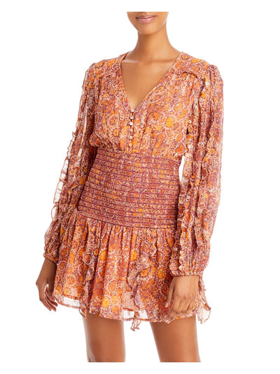 ROCOCO SAND Womens Orange Stretch Smocked Ruffled Metallic Pleated  Sheer Lined Printed Long Sleeve V Neck Mini Evening Sheath Dress L