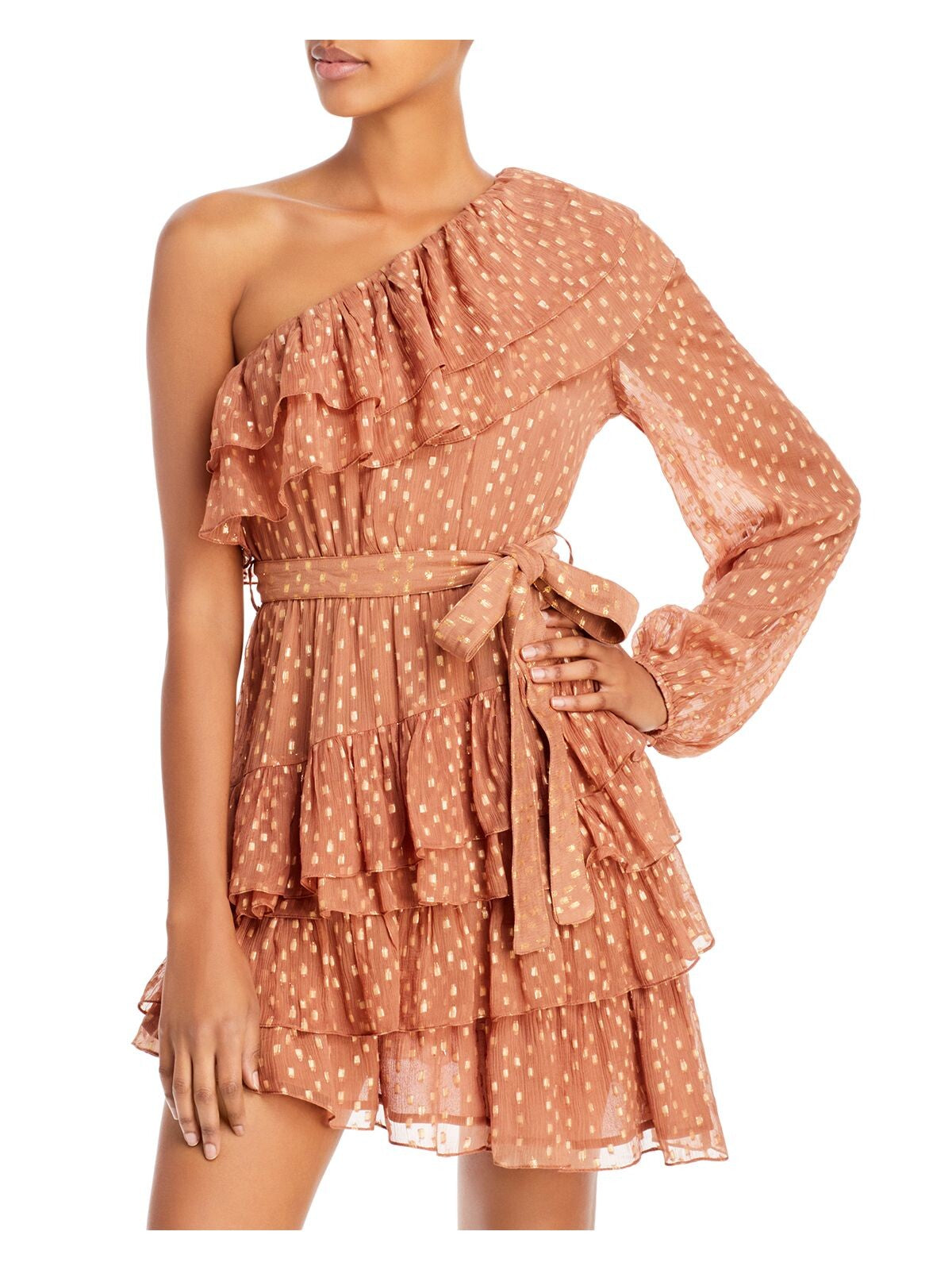 ROCOCO SAND Womens Brown Ruffled Metallic Belted  Asymmetrical  Hem Printed Long Sleeve Asymmetrical Neckline Mini Party Fit + Flare Dress L