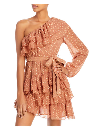ROCOCO SAND Womens Brown Ruffled Metallic Belted  Asymmetrical  Hem Printed Long Sleeve Asymmetrical Neckline Mini Party Fit + Flare Dress L