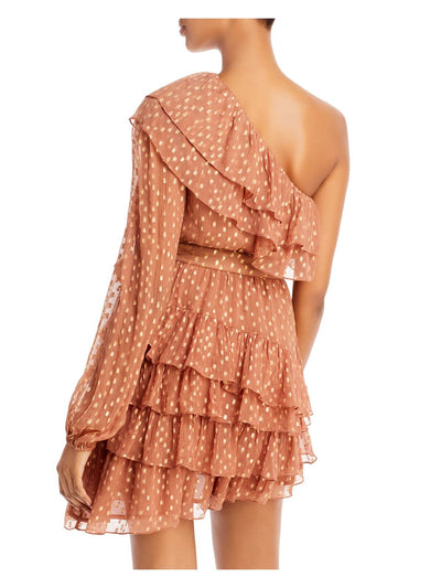 ROCOCO SAND Womens Brown Ruffled Metallic Belted  Asymmetrical  Hem Printed Long Sleeve Asymmetrical Neckline Mini Party Fit + Flare Dress L
