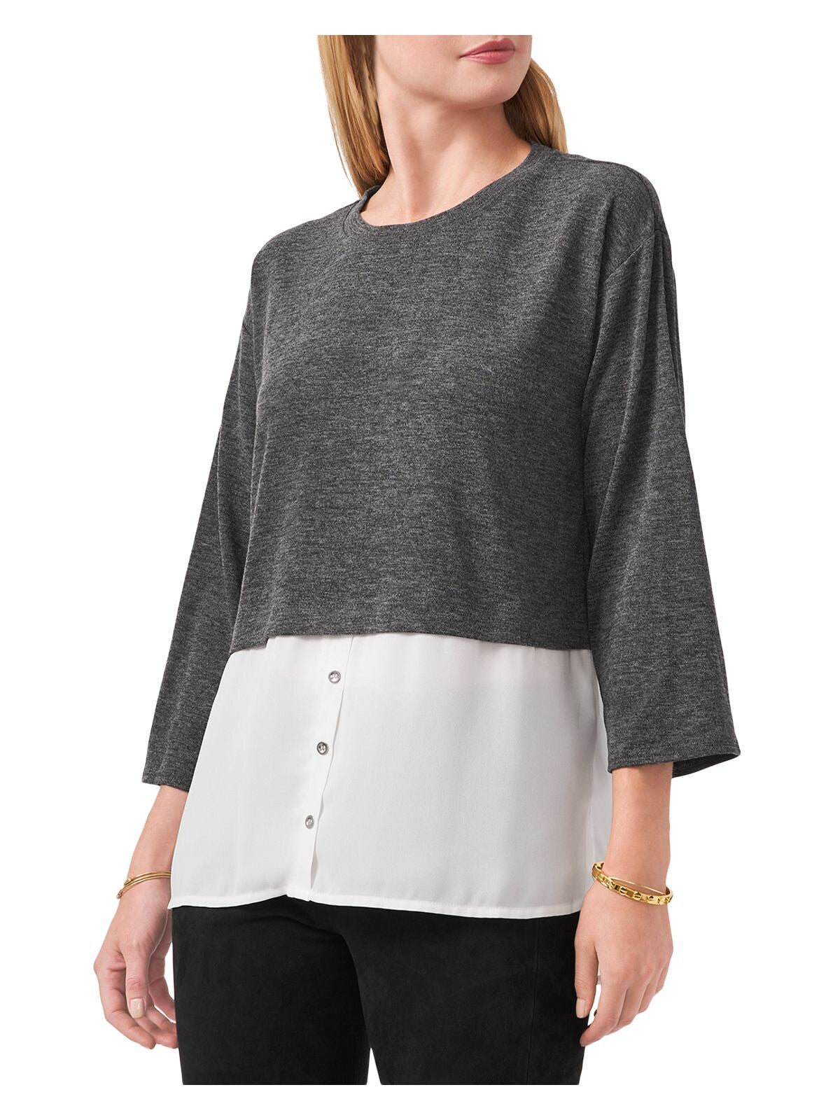 VINCE CAMUTO Womens Gray Color Block 3/4 Sleeve Crew Neck Top XS