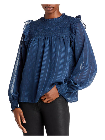 AQUA Womens Navy Scalloped Ruffled Zippered Sheer Lined Long Sleeve Mock Neck Wear To Work Top XS