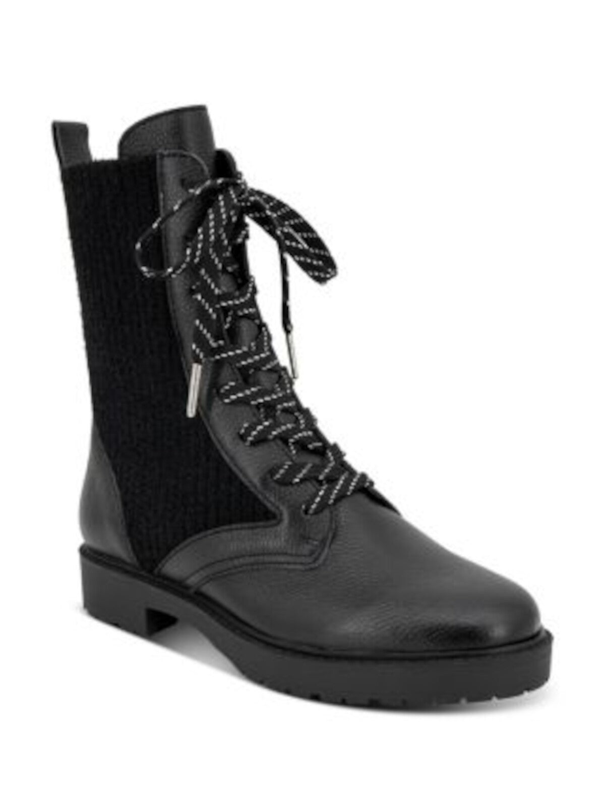 SPLENDID Womens Black Mixed Media Heel Pull-Tab Padded Lug Sole Stretch Scout Round Toe Lace-Up Leather Combat Boots 9 M