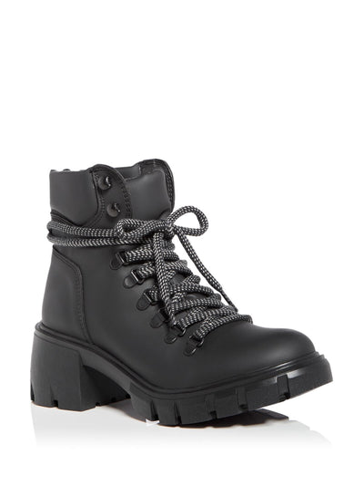 AQUA Womens Black 1" Platform Water Resistant Padded Reign Round Toe Block Heel Lace-Up Combat Boots 8.5 M