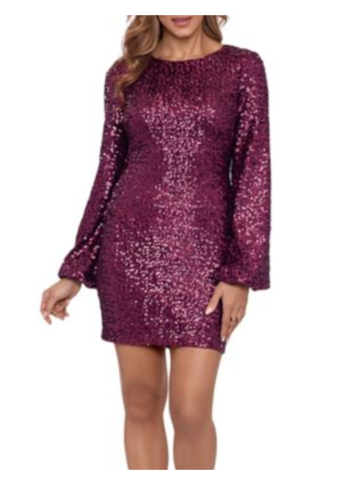 BETSY & ADAM Womens Burgundy Sequined Zippered Back Keyhole Lined Balloon Sleeve Round Neck Above The Knee Cocktail Sheath Dress 2