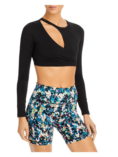 N:PHILANTHROPY Womens Black Stretch Cut Out Long Sleeve Asymmetrical Neckline Active Wear Crop Top L