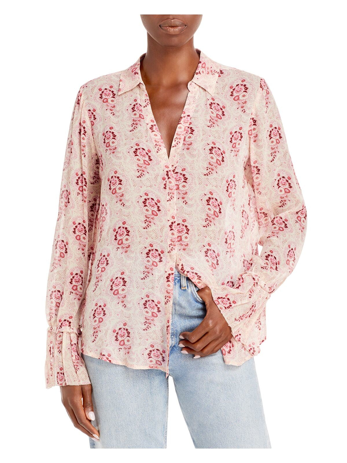 PAIGE Womens Pink Ruffled Pleated Sheer Floral Long Sleeve Collared Button Up Top XS