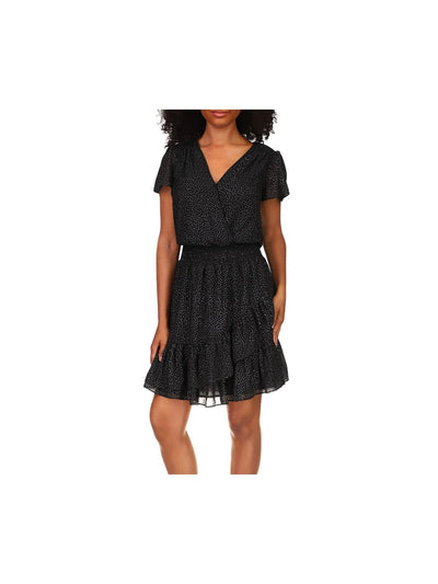 MICHAEL MICHAEL KORS Womens Black Smocked Ruffled Lined Flutter Sleeve Surplice Neckline Short Faux Wrap Dress XL