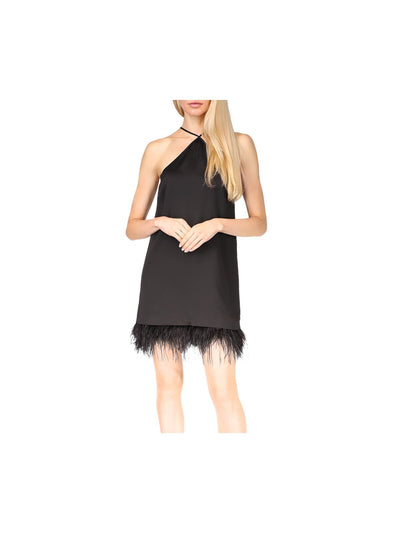 MICHAEL MICHAEL KORS Womens Black Feathered Textured Tie Closure Logo Hardware Lined Sleeveless Halter Above The Knee Cocktail Shift Dress L