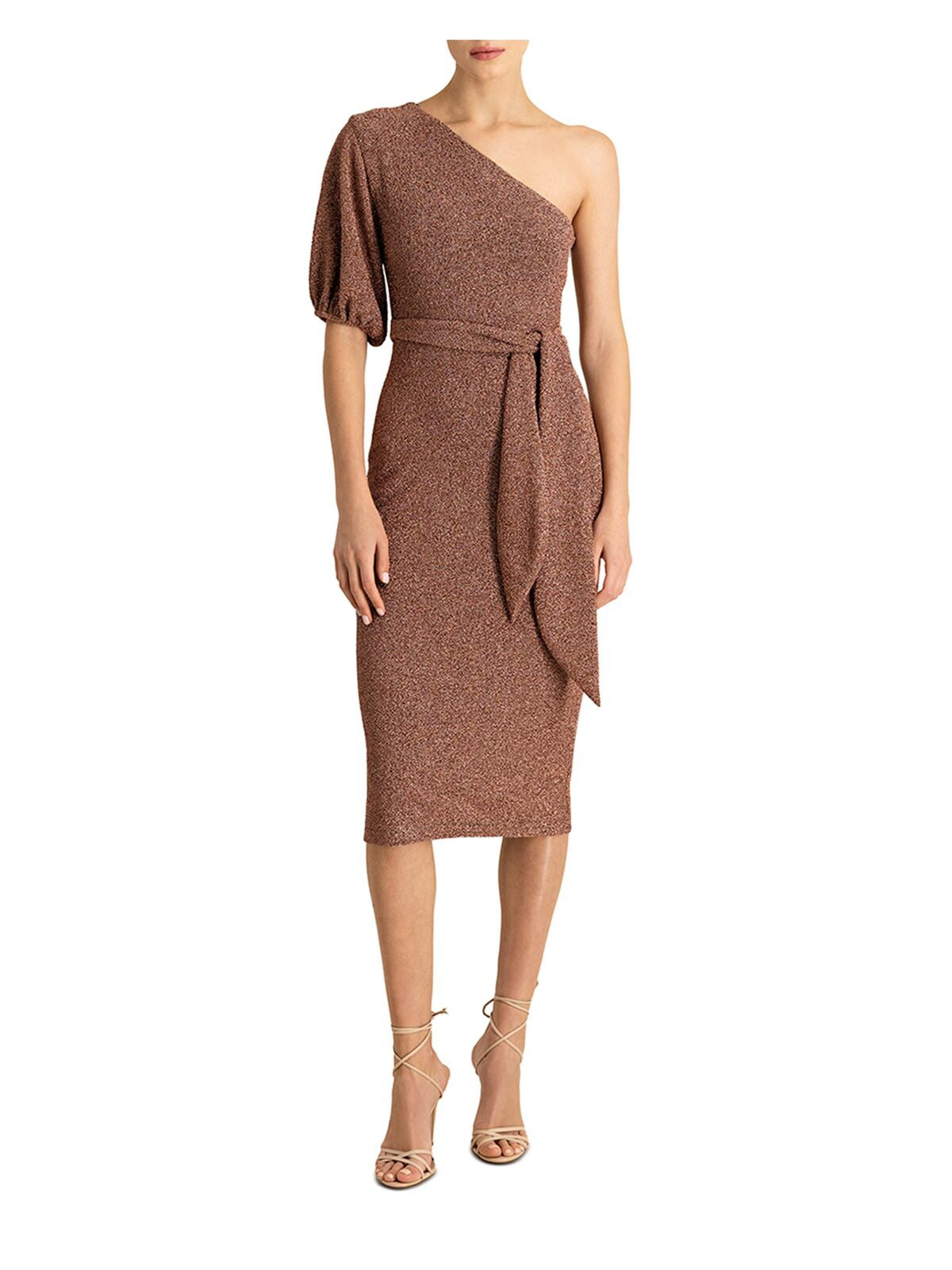 ML MONIQUE LHUILLIER Womens Brown Textured Zippered Tie Belt Elastic Cuff Lined Balloon Sleeve Asymmetrical Neckline Midi Evening Sheath Dress 6