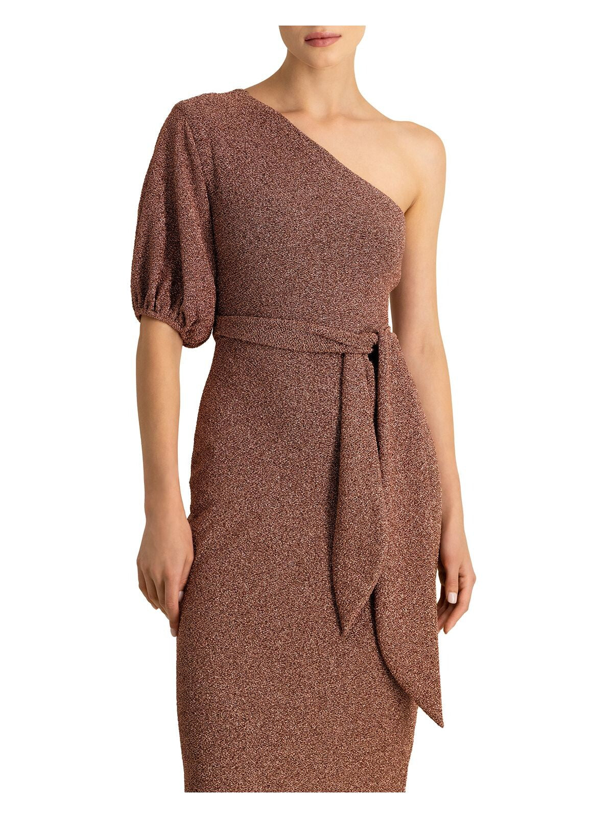 ML MONIQUE LHUILLIER Womens Brown Textured Zippered Tie Belt Elastic Cuff Lined Balloon Sleeve Asymmetrical Neckline Midi Evening Sheath Dress 6