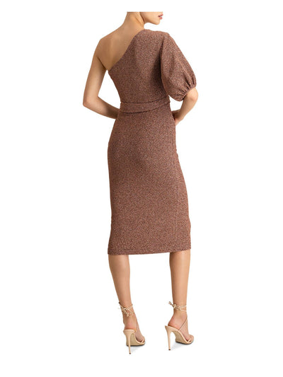 ML MONIQUE LHUILLIER Womens Brown Textured Zippered Tie Belt Elastic Cuff Lined Balloon Sleeve Asymmetrical Neckline Midi Evening Sheath Dress 6