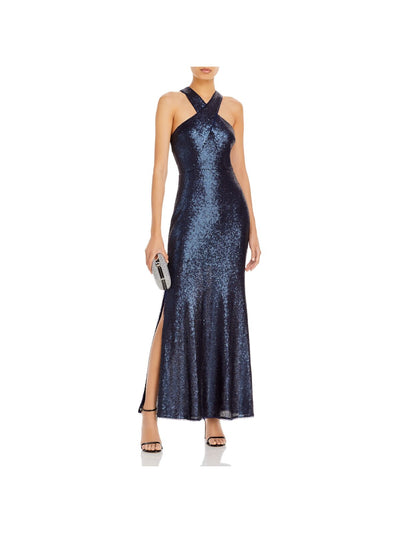 AQUA FORMAL Womens Zippered Slitted Partially Lined Open Back Sleeveless Grecian Neckline Full-Length Evening Gown Dress