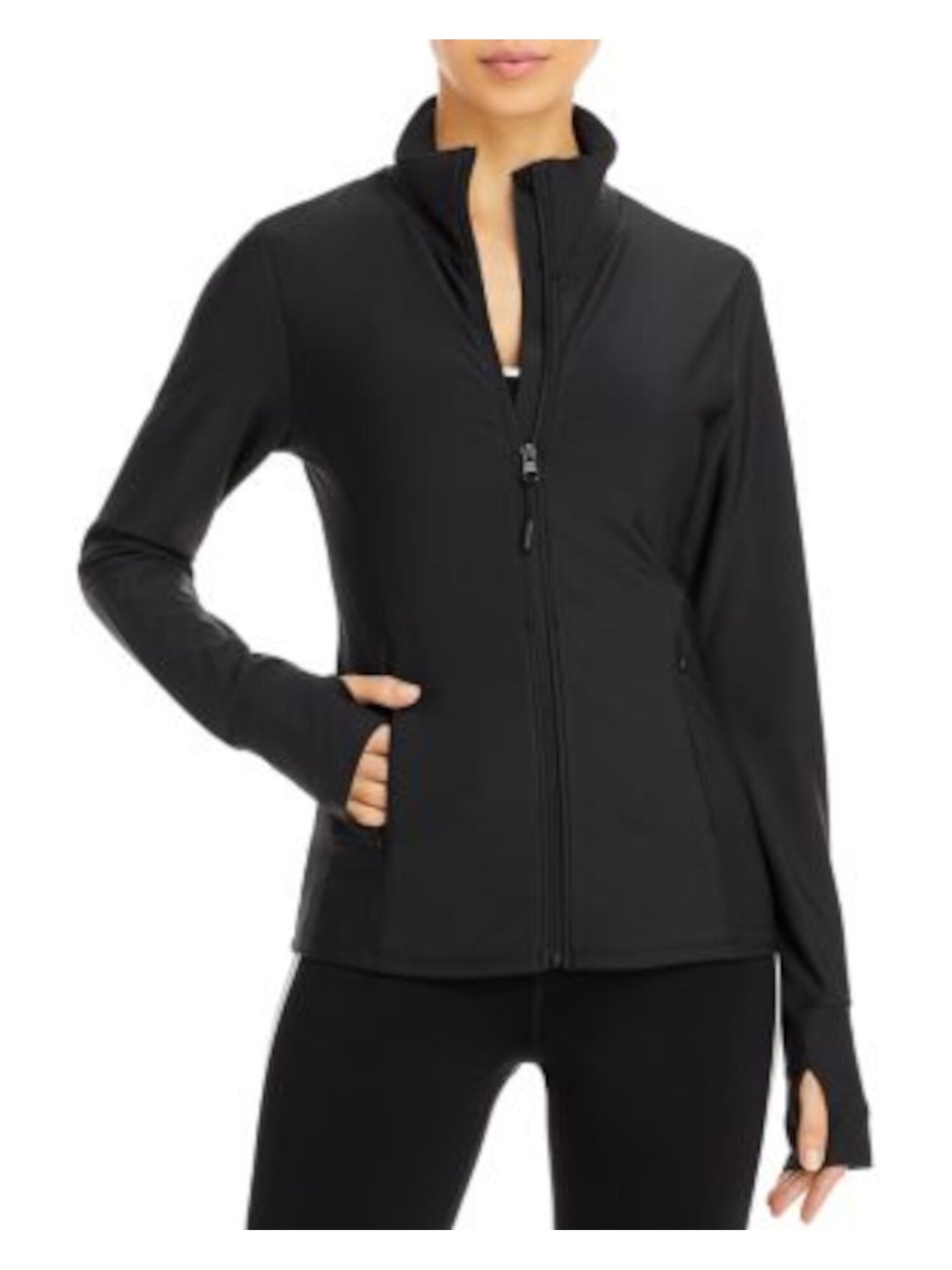 AQUA ATHLETIC Womens Black Pocketed Mock Neck Thumb Hole Cuffs Zip Up Jacket M