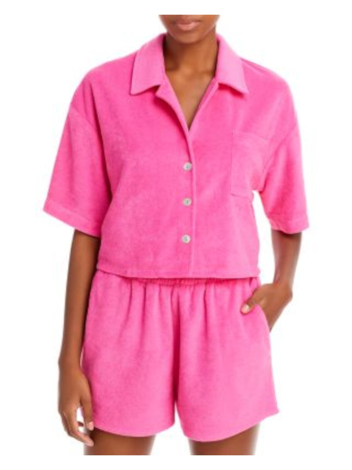 AQUA SWIM Women's Pink Stretch Button Down Collared Cropped Pocketed Swimsuit Cover Up L