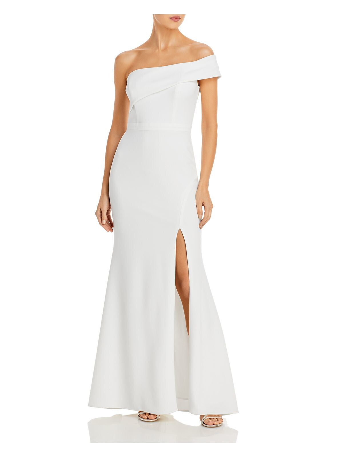 AQUA FORMAL Womens White Zippered Slitted One Shoulder Sleeve Padded Sleeveless Asymmetrical Neckline Full-Length Evening Gown Dress 4