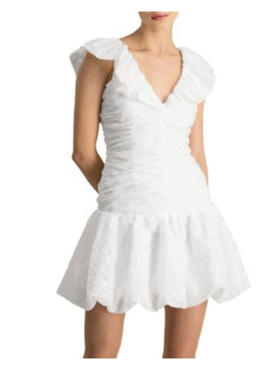 ML MONIQUE LHUILLIER Womens White Zippered Ruched Organza Back Tie Ruffled Sheer Flutter Sleeve V Neck Mini Evening Fit + Flare Dress 2