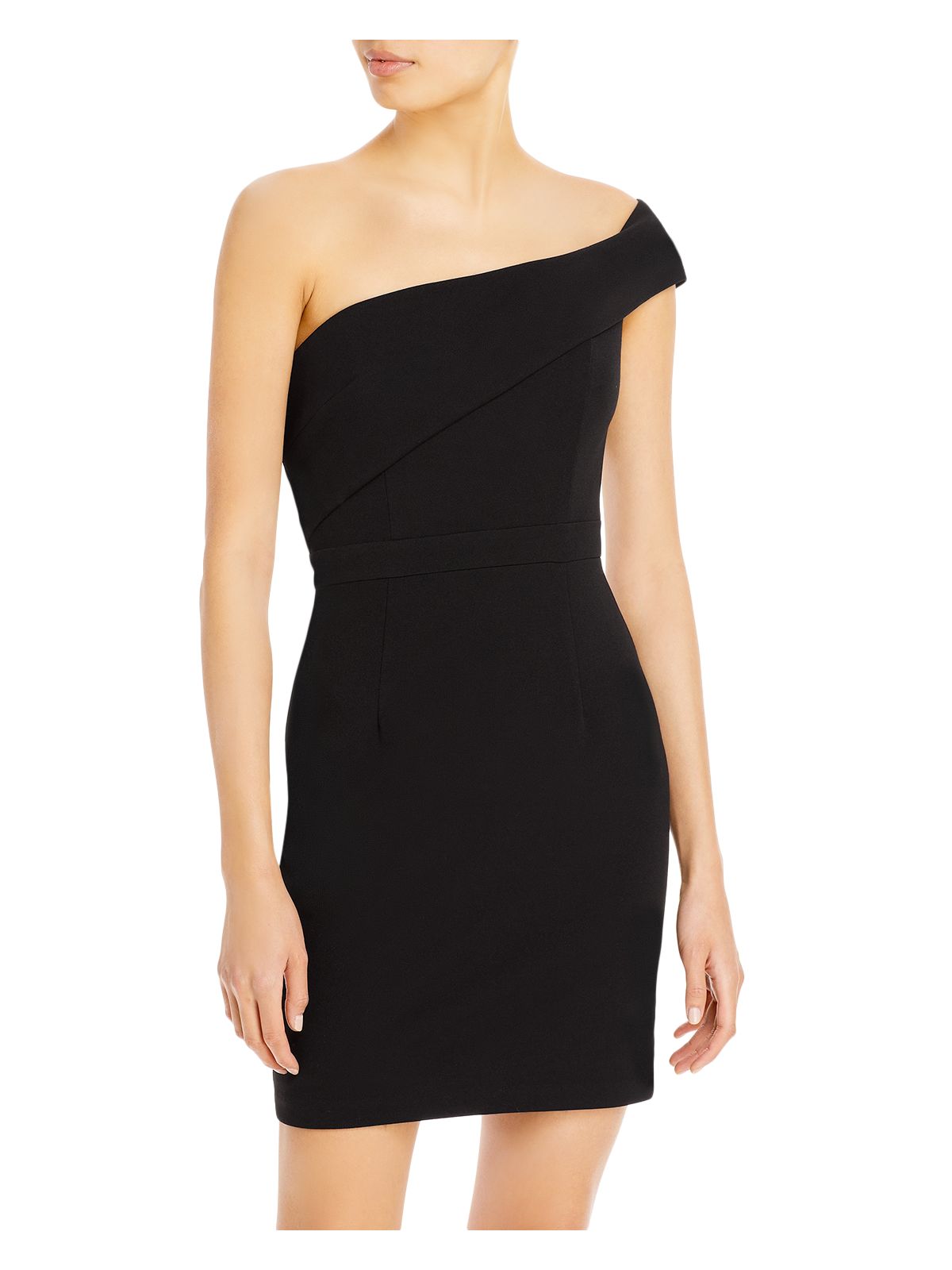 AQUA FORMAL Womens Stretch Zippered Short Sleeve Asymmetrical Neckline Short Party Sheath Dress