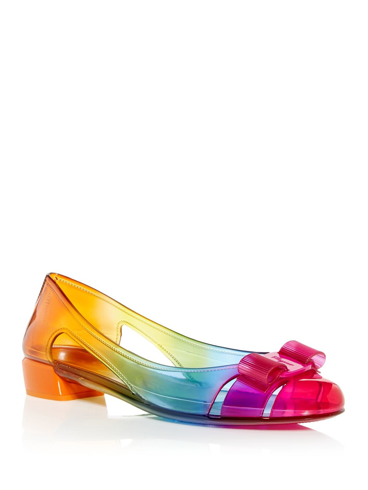 SALVATORE FERRAGAMO Womens Rainbow Cutout Bow Accent Logo Vara Jelly Almond Toe Block Heel Slip On Ballet Flats 5 C